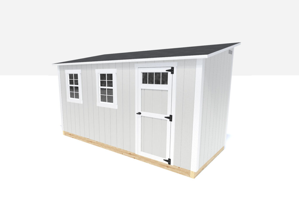 Lean to shed rendering, single door, grey paint